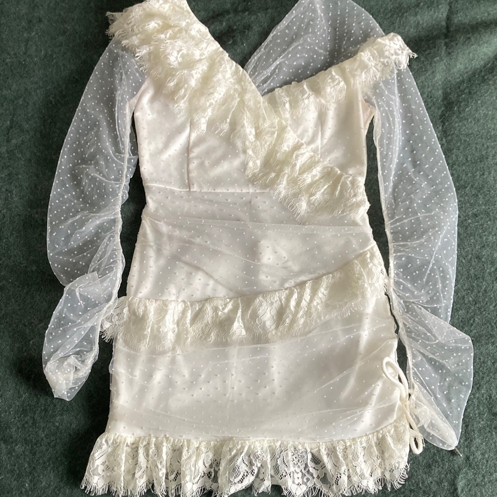 Elegant White Lace Dress with Sheer Sleeves